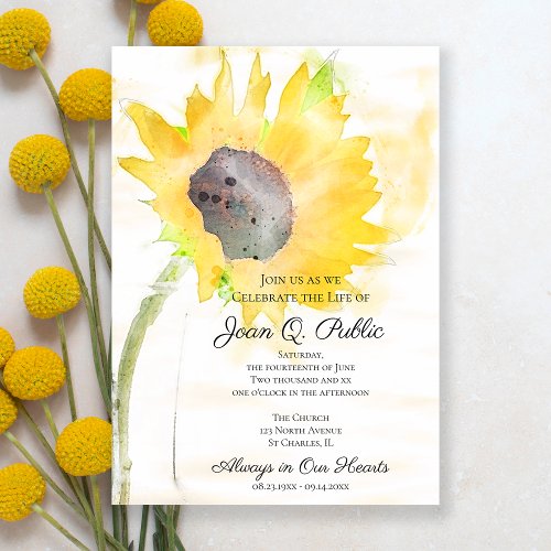Yellow Sunflower Watercolor Celebration of Life Invitation