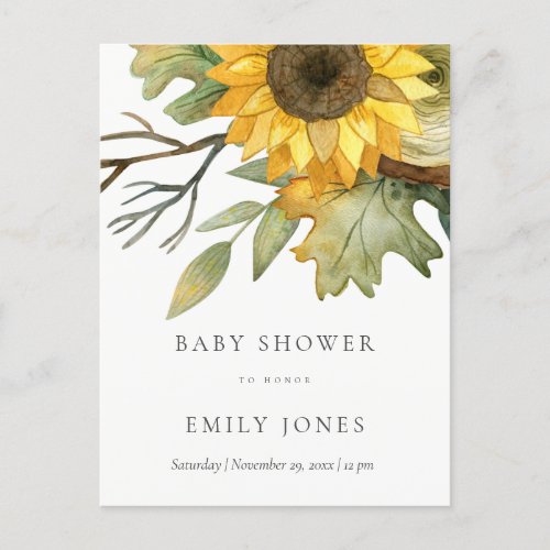 YELLOW SUNFLOWER WATERCOLOR FLORAL BABY SHOWER INVITATION POSTCARD