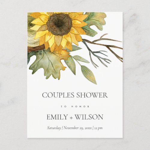 YELLOW SUNFLOWER WATERCOLOR FLORAL COUPLES SHOWER INVITATION POSTCARD