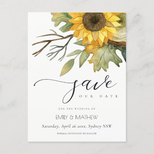 YELLOW SUNFLOWER WATERCOLOR FLORAL SAVE THE DATE ANNOUNCEMENT POSTCARD