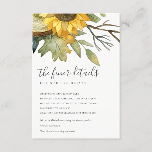 YELLOW SUNFLOWER WATERCOLOR FLORAL WEDDING DETAIL ENCLOSURE CARD