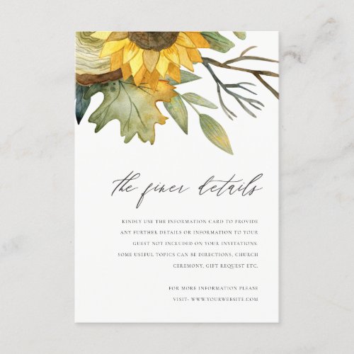 YELLOW SUNFLOWER WATERCOLOR FLORAL WEDDING DETAIL ENCLOSURE CARD