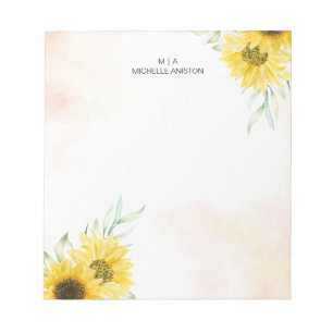 Yellow Sunflower Watercolor Monogram Minimalist Notepad