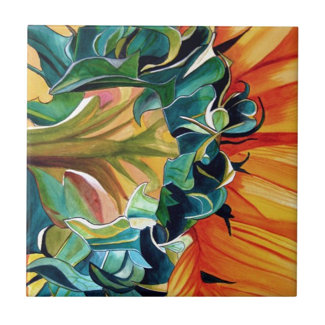 Yellow Sunflower watercolor original art painting Tile (Front)