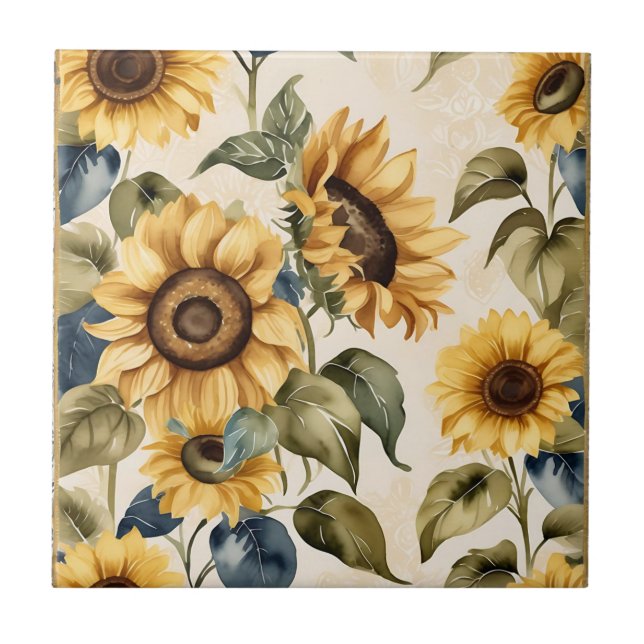 Yellow Sunflower Watercolor Pattern Ceramic Tile (Front)