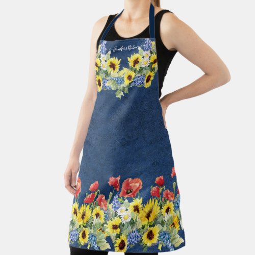 Yellow Sunflower Watercolor Red Poppy Navy Blue Apron