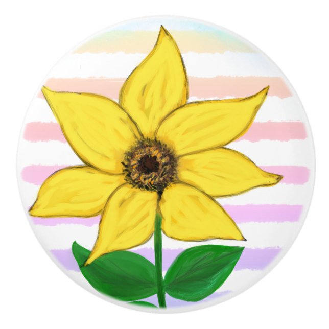 Yellow Sunflower Watercolor Stripes Ceramic Knob (Front)