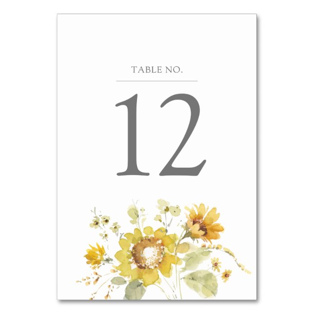 Yellow Sunflower Watercolor Wedding Table Number (Front)