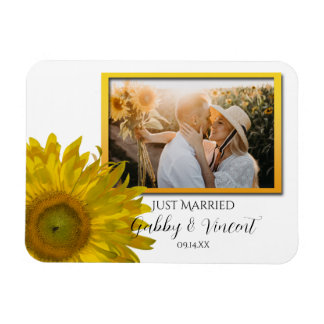 Yellow Sunflower Wedding Just Married Photo Magnet