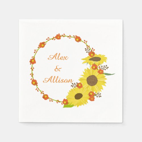 Yellow Sunflower wedding wreath Paper Napkins