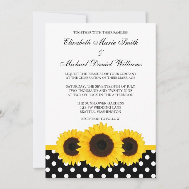 Yellow Sunflower White and Black Polka Dot Wedding Invitation (Front)