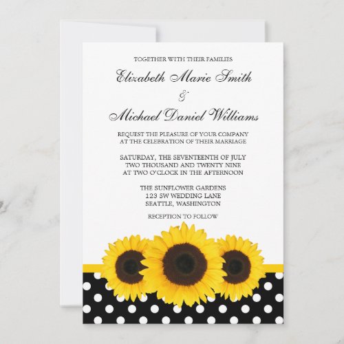Yellow Sunflower White and Black Polka Dot Wedding Custom Invite