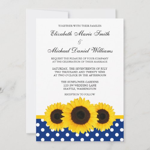 Yellow Sunflower White and Blue Polka Dot Wedding Invite
