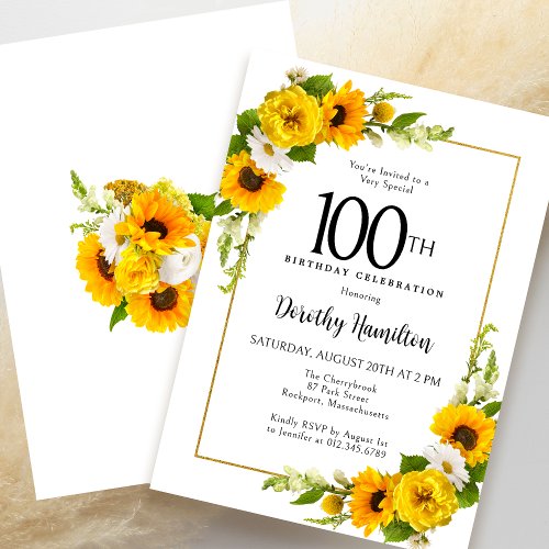 Yellow Sunflower White Daisy Floral 100th Birthday Invitation