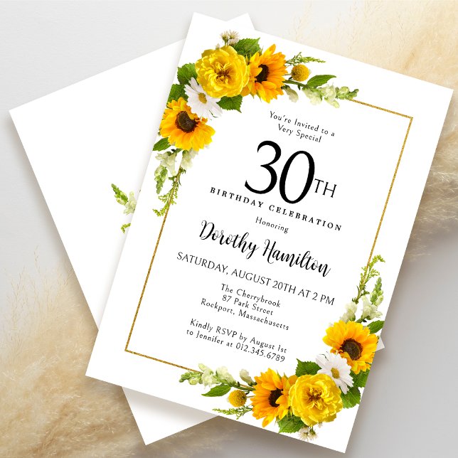 Yellow Sunflower White Daisy Floral 30th Birthday Invitation (Creator Uploaded)
