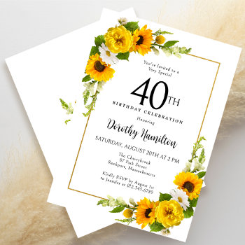 Yellow Sunflower White Daisy Floral 40th Birthday Invitation by Celebrais at Zazzle