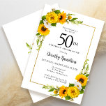 Yellow Sunflower White Daisy Floral 50th Birthday Invitation<br><div class="desc">Pretty yellow sunflower floral 50th birthday card. Yellow peonies and white daisies mingle with the sunflowers. A rectangular gold frame gives it an elegant vibe. Very easy to customize. That back is white with a sunflower bouquet. This is a perfect for a summer birthday celebration. This item is party of...</div>