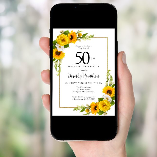 Yellow Sunflower White Daisy Floral 50th Birthday Invitation (Front Digital)