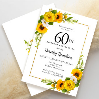 Yellow Sunflower White Daisy Floral 60th Birthday Invitation by Celebrais at Zazzle