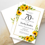 Yellow Sunflower White Daisy Floral 70th Birthday Invitation<br><div class="desc">Pretty yellow sunflower floral 70th birthday card. Yellow peonies and white daisies mingle with the sunflowers. A rectangular gold frame gives it an elegant vibe. Very easy to customize. That back is white with a sunflower bouquet. This is a perfect for a summer birthday celebration. This item is party of...</div>