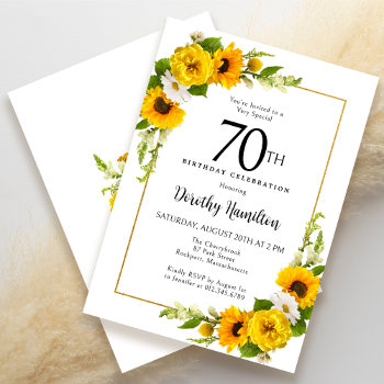 Yellow Sunflower White Daisy Floral 70th Birthday Invitation by Celebrais at Zazzle