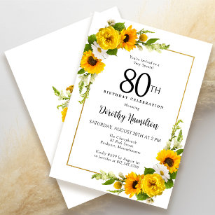 Yellow Sunflower White Daisy Floral 80th Birthday Invitation