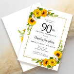 Yellow Sunflower White Daisy Floral 90th Birthday Invitation<br><div class="desc">Pretty yellow sunflower floral 90th birthday card. Yellow peonies and white daisies mingle with the sunflowers. A rectangular gold frame gives it an elegant vibe. Very easy to customize. That back is white with a sunflower bouquet. This is a perfect for a summer birthday celebration. This item is party of...</div>