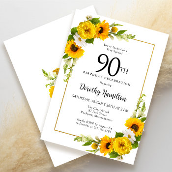 Yellow Sunflower White Daisy Floral 90th Birthday Invitation by Celebrais at Zazzle
