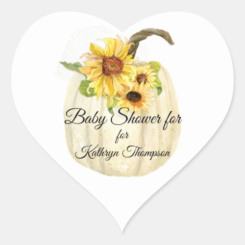 Yellow Sunflower White Pumpkin Fall Baby Shower Heart Sticker