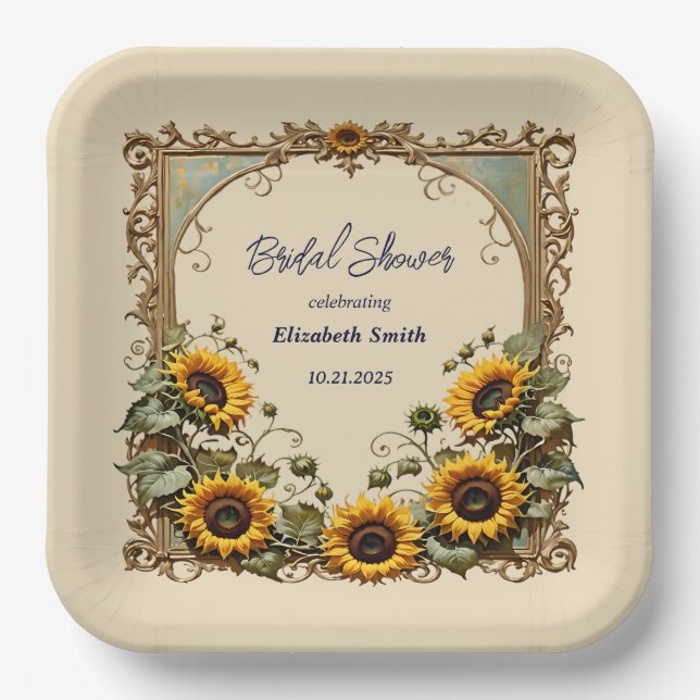 Yellow sunflower with art frame bridal shower paper plates (Front)