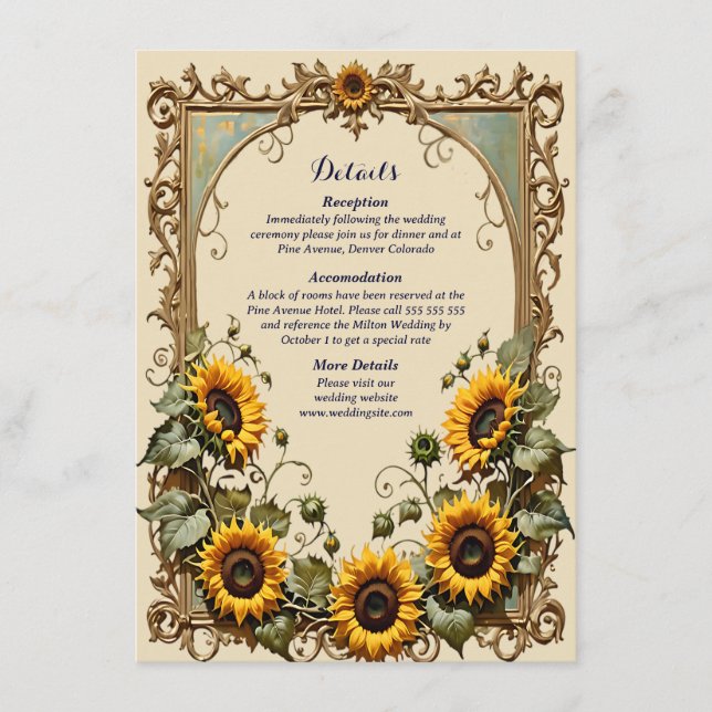 Yellow sunflower with art frame wedding enclosure card (Front)