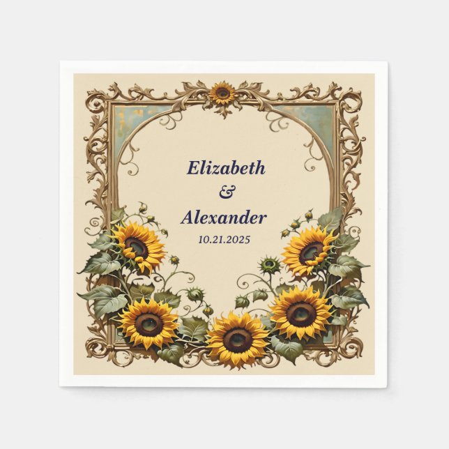 Yellow sunflower with art frame wedding  napkins (Front)