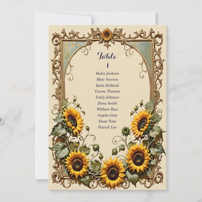 Yellow sunflower with art seating chart card (Front)
