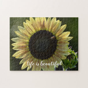 Yellow Sunflower with Bee Inspirational Quote Jigsaw Puzzle