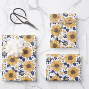 Yellow Sunflower with Blue Navy Leaves Wrapping Paper Sheets