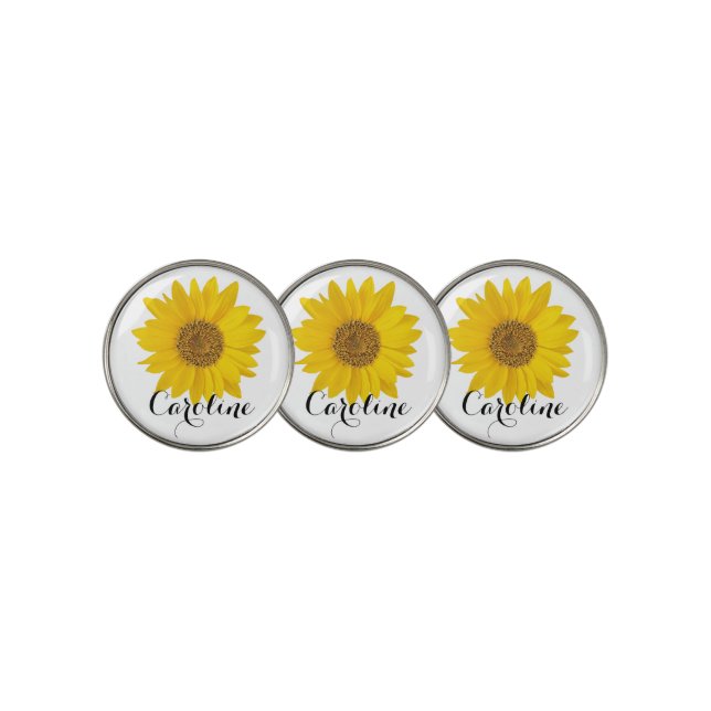 Yellow Sunflower with Custom Name Golf Ball Marker (3 Up)