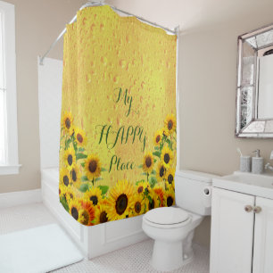 Yellow Sunflower with Water Drops My Happy Place Shower Curtain