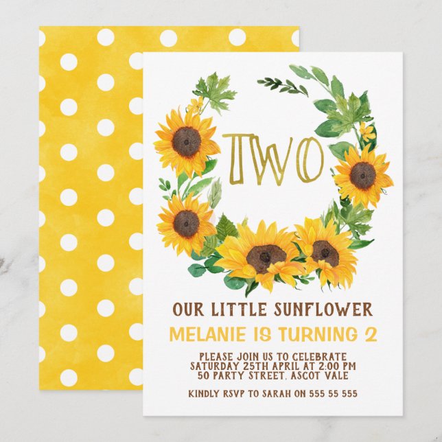 Yellow Sunflower Wreath 2nd Birthday Invitation (Front/Back)