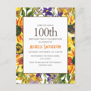 Yellow Sunflowers 100th Birthday Party Invitation