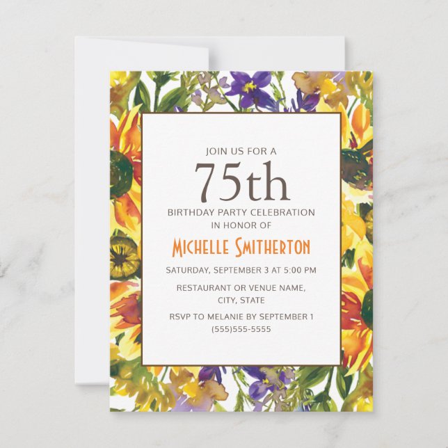 Yellow Sunflowers 75th Birthday Party Invitation (Front)