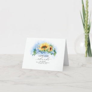 Yellow Sunflowers and Blue Hydrangea Wedding Letterpress Thank You Card