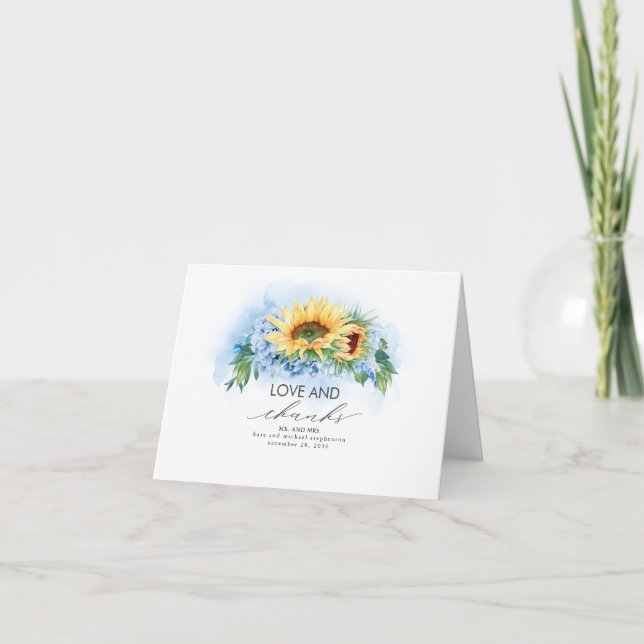 Yellow Sunflowers and Blue Hydrangea Wedding Letterpress Thank You Card (Front)