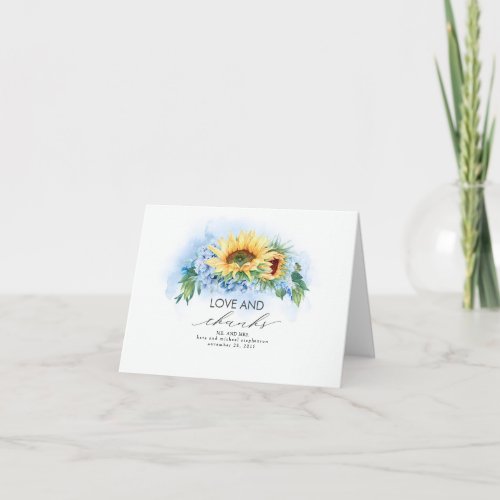 Yellow Sunflowers and Blue Hydrangea Wedding Thank You Card