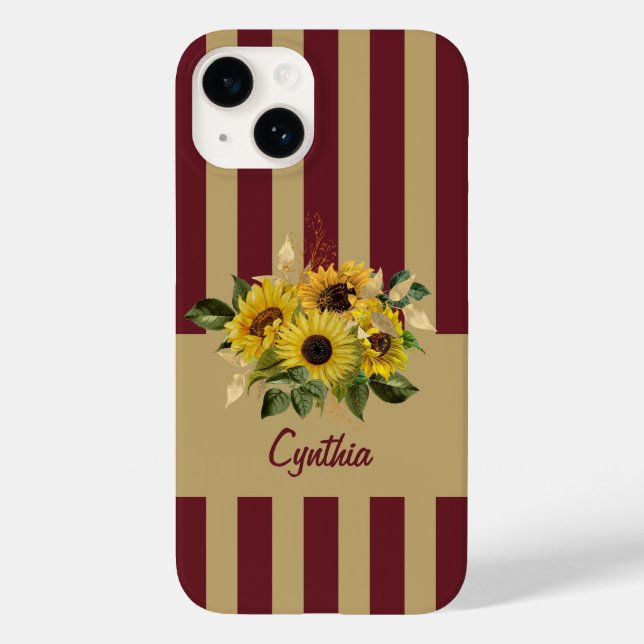 Yellow Sunflowers and Burgundy and Gold Striped Case-Mate iPhone Case (Back)