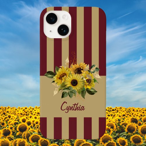 Yellow Sunflowers and Burgundy and Gold Striped Case_Mate iPhone 14 Case