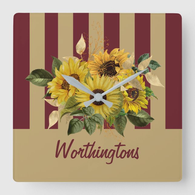Yellow Sunflowers and Burgundy and Gold Striped Square Wall Clock (Front)