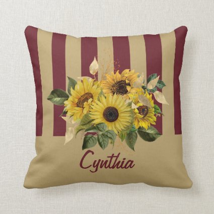 Yellow Sunflowers and Burgundy and Gold Striped Throw Pillow