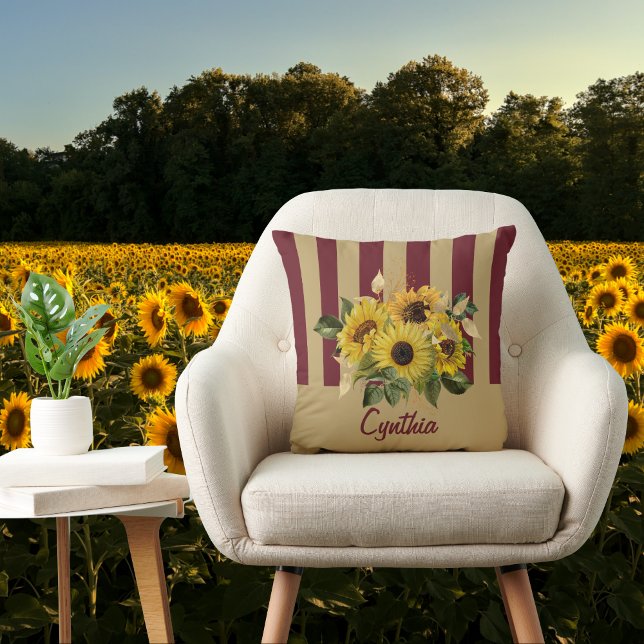 Yellow Sunflowers and Burgundy and Gold Striped Throw Pillow (Creator Uploaded)