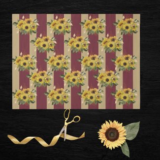Yellow Sunflowers and Burgundy and Gold Stripes