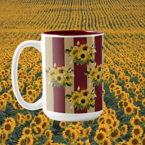 Yellow Sunflowers and Burgundy and Gold Stripes Two_Tone Coffee Mug